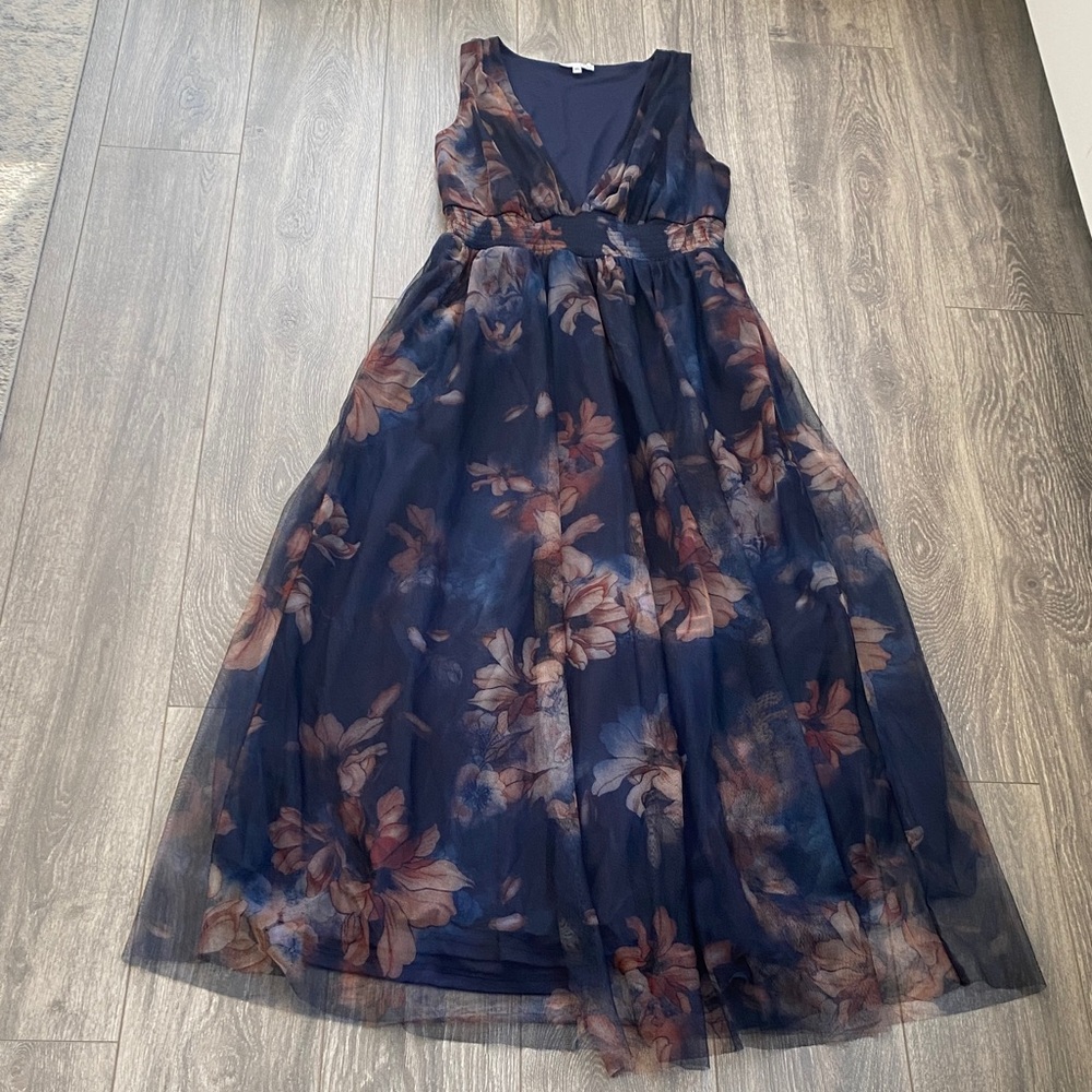 Baltic Born - Navy & Brown Floral Formal Maxi Dress - Size XL
